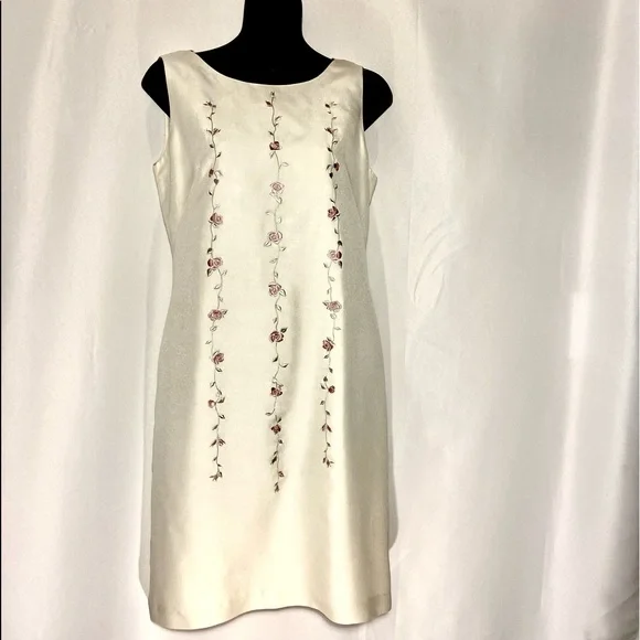 Casual Corner Dresses | Silk Casual Corner 100% Silk Sheath Dress Embroidered Pink Roses Silver Vines | Color: Cream | Size: 2 | Vesper2021'S Closet